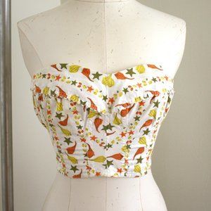 50s / 1950s Orange Olive Green Yellow Sea Shell Print Bustier Crop Sun Top XS